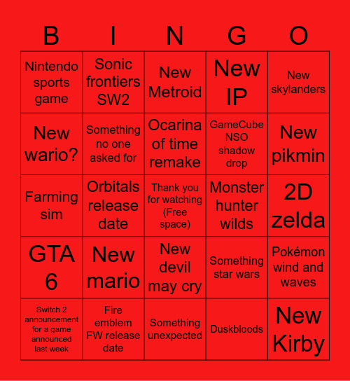 June Nintendo direct Bingo Card