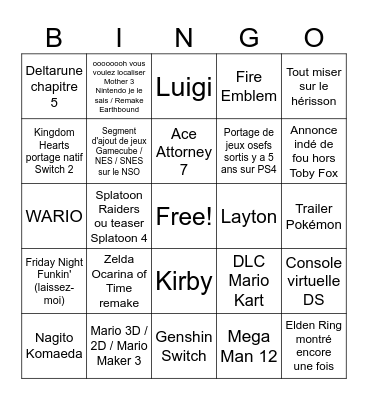 Nintendo Direct 2026 Bingo Card