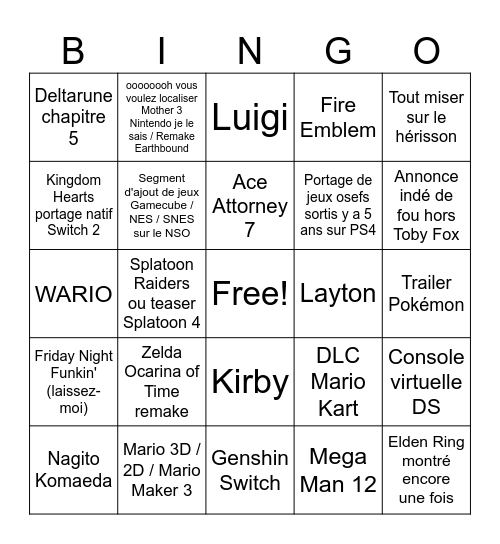 Nintendo Direct 2026 Bingo Card