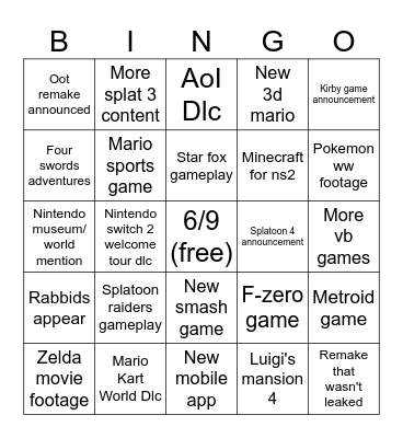 Nintendo Direct 69 Bingo Card