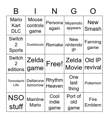 Nintendo Direct 69 Bingo Card