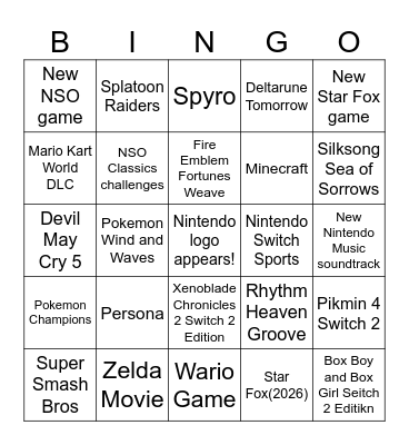 Nintendo Direct 6.9.2026 Bingo Card