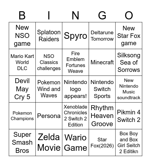 Nintendo Direct 6.9.2026 Bingo Card