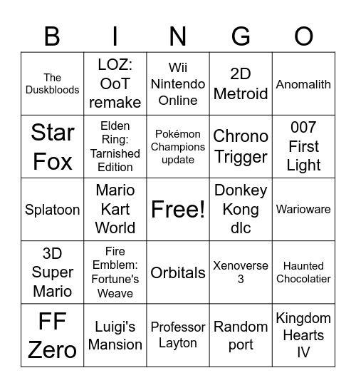 Nintendo Direct 2026 Bingo Card
