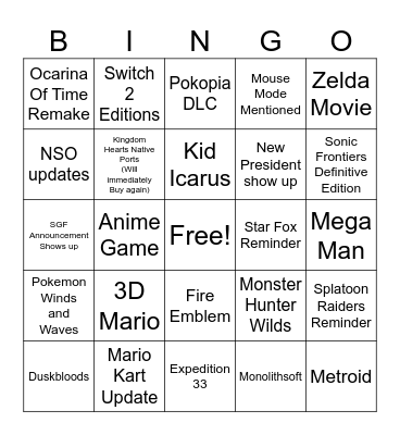 Nintendo Direct June 2026 Bingo Card