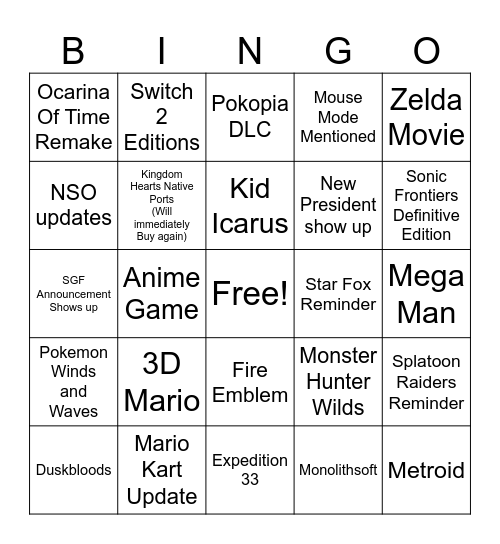 Nintendo Direct June 2026 Bingo Card