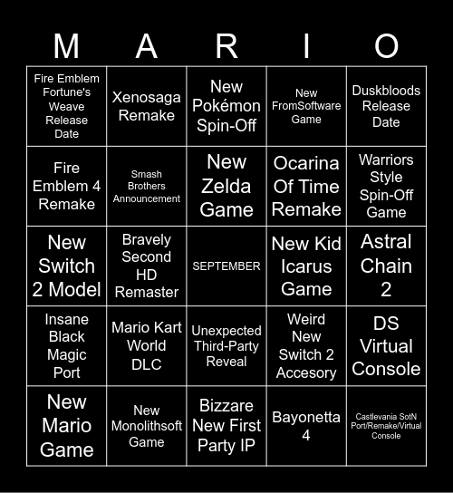 Nintendo Direct Bingo Card