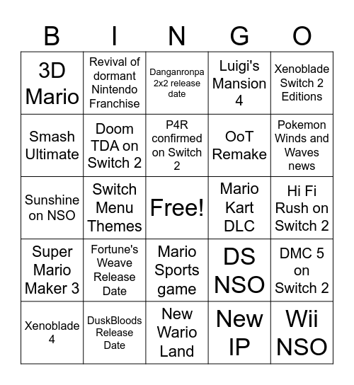 Nintendo Direct Bingo Card