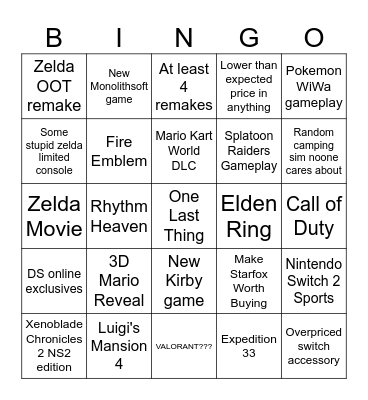June 26 Nintendo Direct Bingo Card
