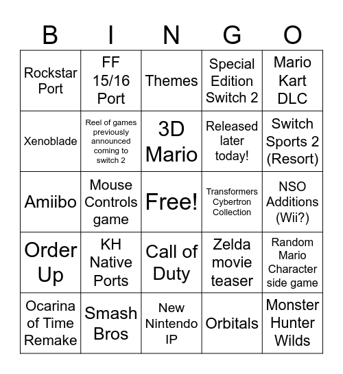 Nintendo Direct 6/9/26 Bingo Card
