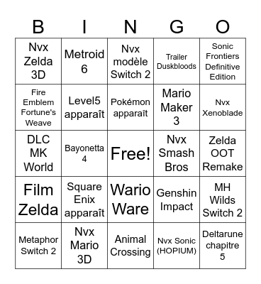 Nintendo Direct Bingo Card