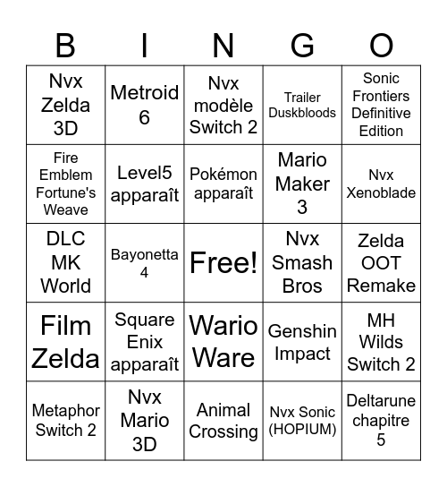 Nintendo Direct Bingo Card