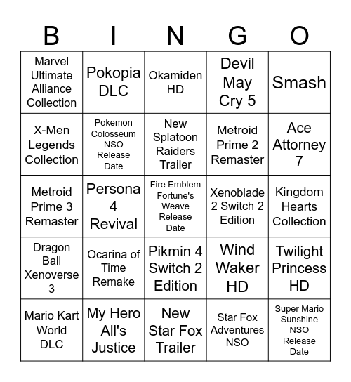 Nintendo Direct Bingo Card