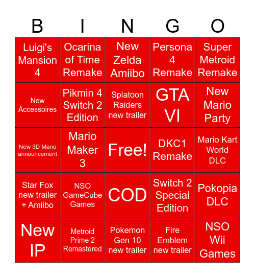Nintendo Direct Bingo Card