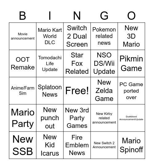 Nintendo Direct June 9 2026 Bingo Card