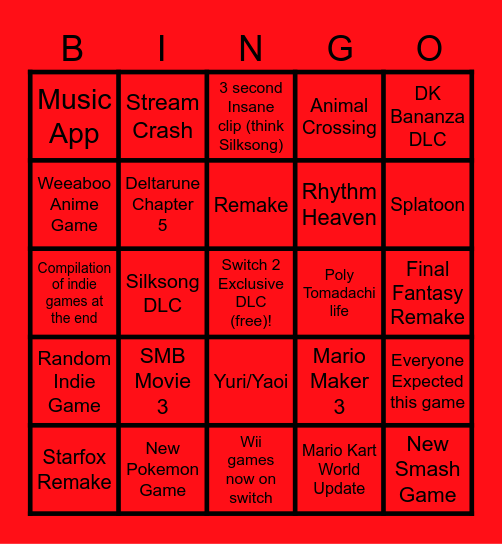 SAZYSAKESAMEs' Nintendo Direct Bingo Card