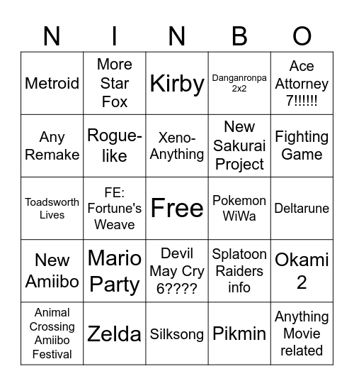Nintendo Direct 09/06/26 Bingo Card