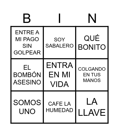 BINGO DE CANCIONES Bingo Card