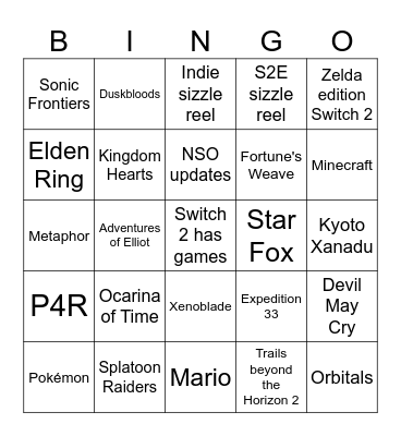 Nintendo Direct 6/9/26 Bingo Card