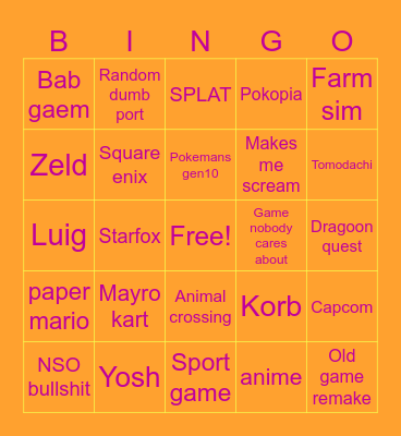 2026 Nintendo Direct Bingo Card