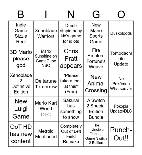 Sophie's Nintendo Direct 9/6/2026 Bingo Card