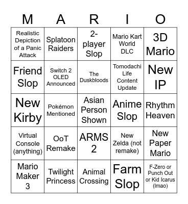 Nintendo Direct Bingo Card