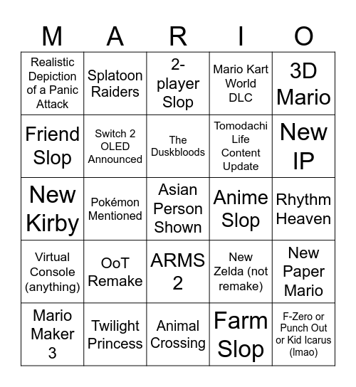 Nintendo Direct Bingo Card