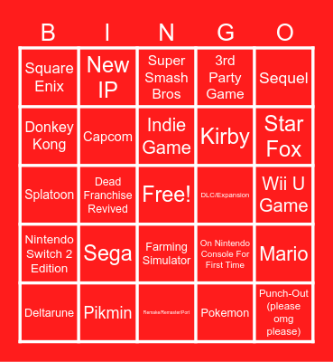 Nintendo Direct Bingo Card