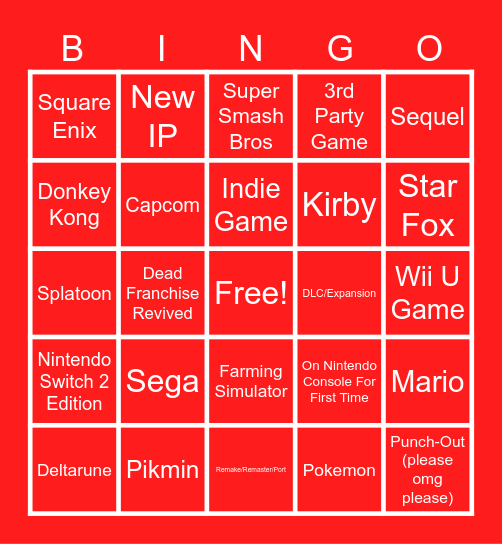 Nintendo Direct Bingo Card