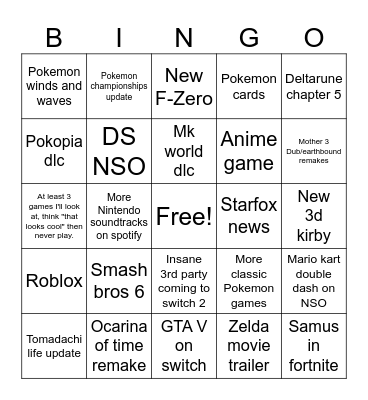 Nintendo direct June 9th 2026 Bingo Card