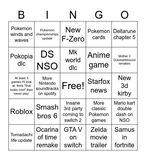 Nintendo direct June 9th 2026 Bingo Card