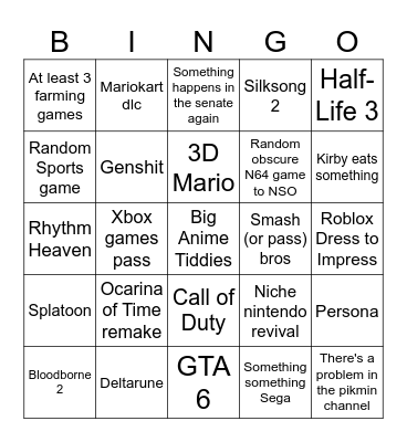 Nintendo Direct Bingo Card
