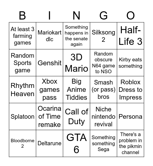 Nintendo Direct Bingo Card