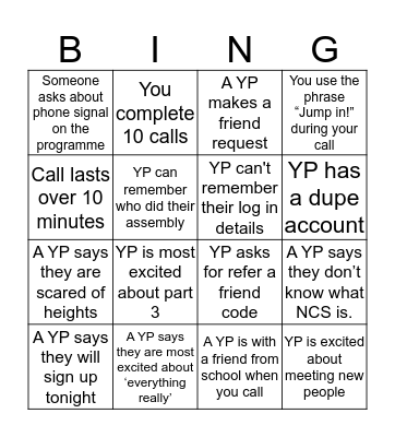 NCS Call Bingo Card