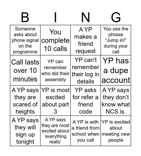 NCS Call Bingo Card