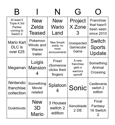 Beav's Nintendo June 2026 Direct bingo Card