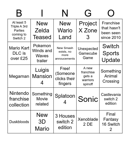 Beav's Nintendo June 2026 Direct bingo Card