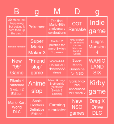 Nintendo Direct Bongos cuard Bingo Card