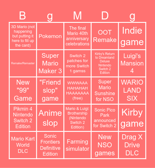 Nintendo Direct Bongos cuard Bingo Card