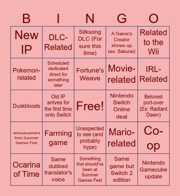 Nintendo Direct TOMORROW AAAAAAAH Bingo Card