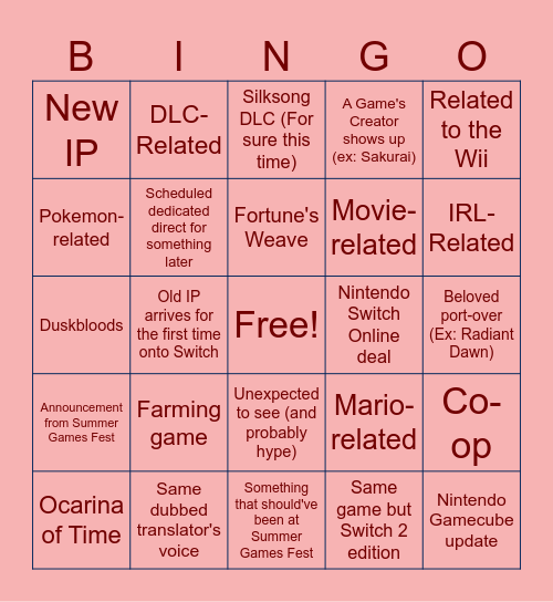 Nintendo Direct TOMORROW AAAAAAAH Bingo Card