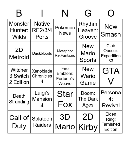 Nintendo Direct Bingo Card