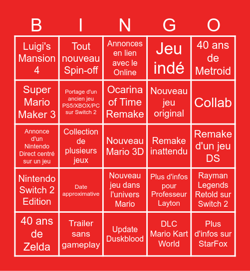 NINTENDO DIRECT. Bingo Card