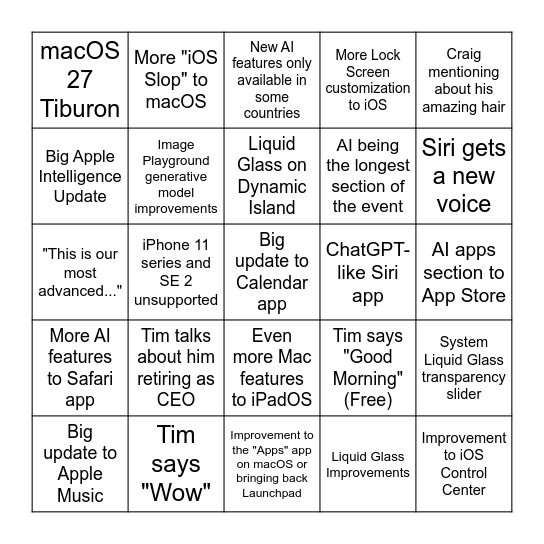 WWDC 2026 Bingo Card Bingo Card