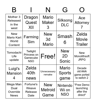 Nintendo Direct 9/6/2026 Bingo Card