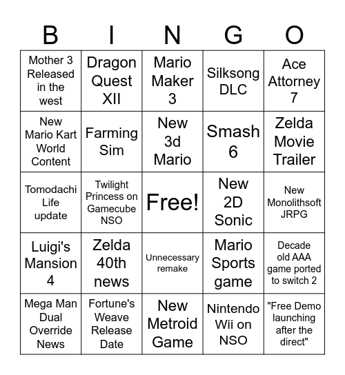 Nintendo Direct 9/6/2026 Bingo Card