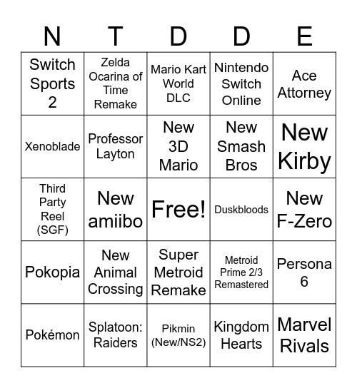 Nintendo Direct 9-6-2026 Bingo Card