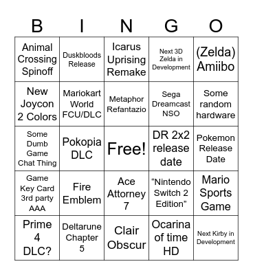 Nintendo Direct 6/9 Bingo Card