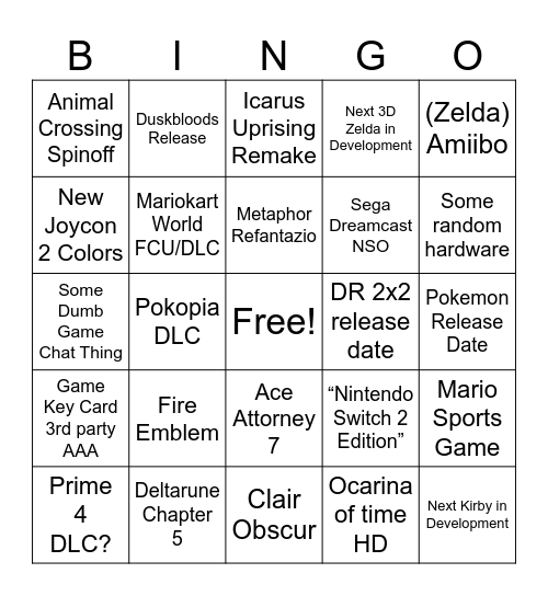 Nintendo Direct 6/9 Bingo Card