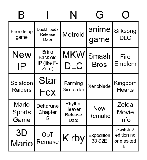 nintendo direct predictions Bingo Card